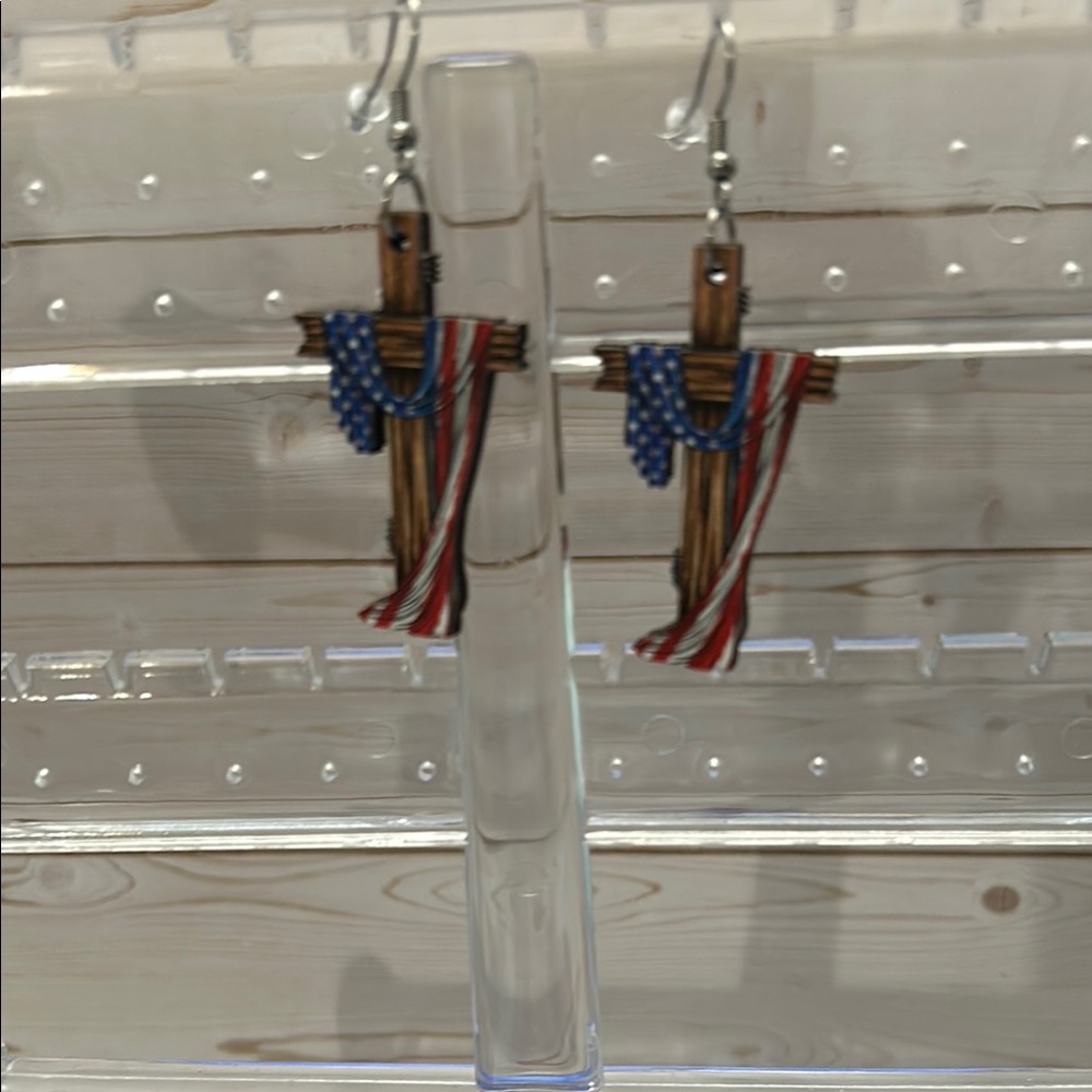 Wooden Cross Earrings with American Flag Design